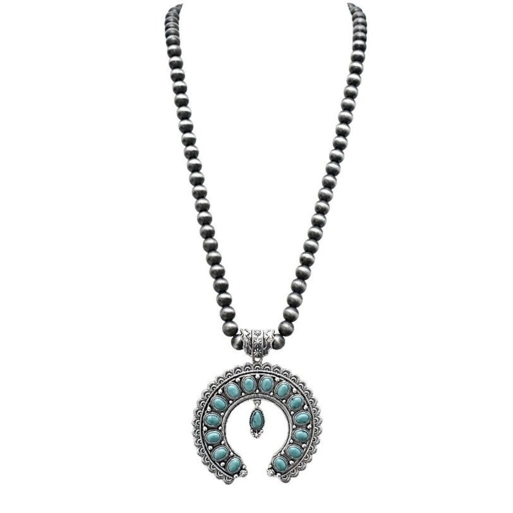 Squash Blossom Turquoise and Silver Pendant Necklace